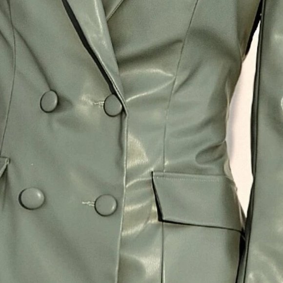 GREEN PU LEATHER DOUBLE BREASTED BACK LACING BLAZER DRESS TRENDING COLOR CHIC - Picture 6 of 6